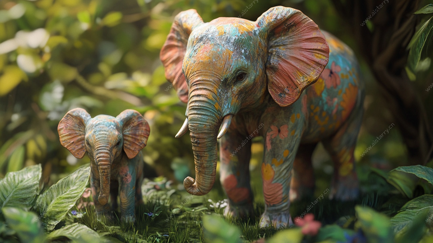 彩色大象雕塑 丛林中的温馨