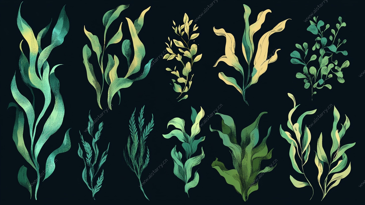 手绘水彩风海洋植物集合