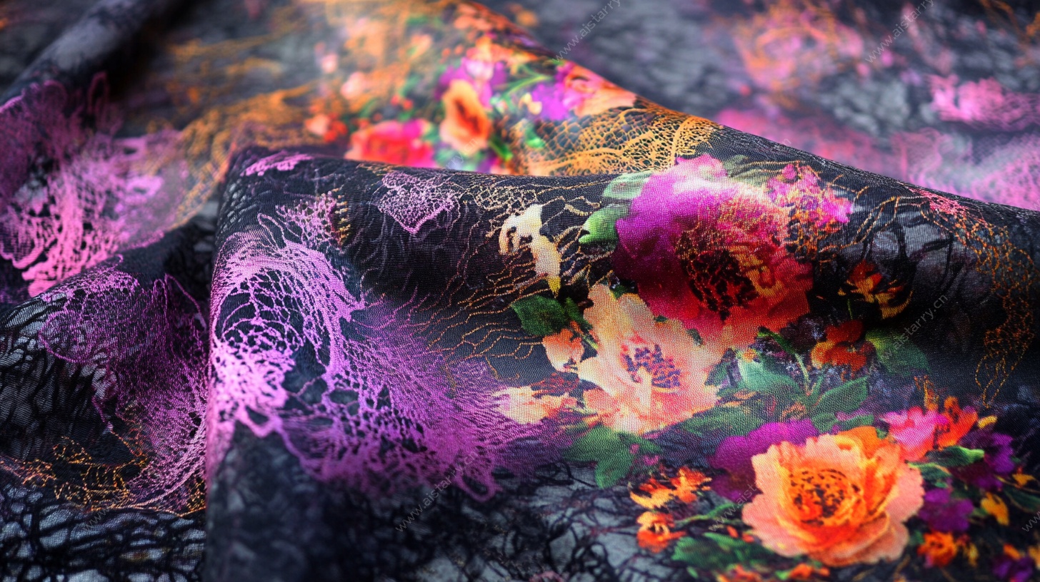 黑色蕾丝花卉印花布料