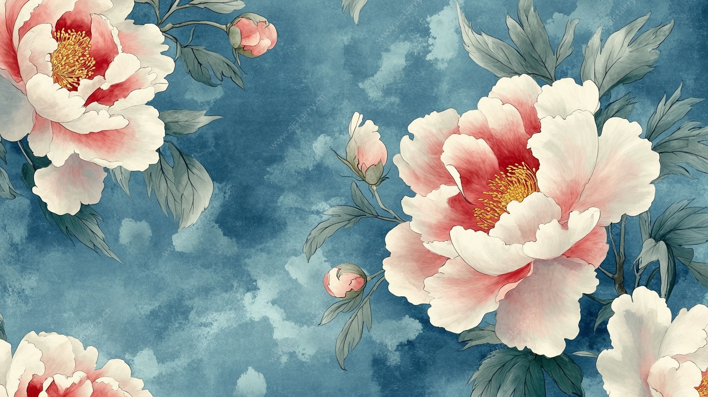 蓝底粉牡丹花卉图案