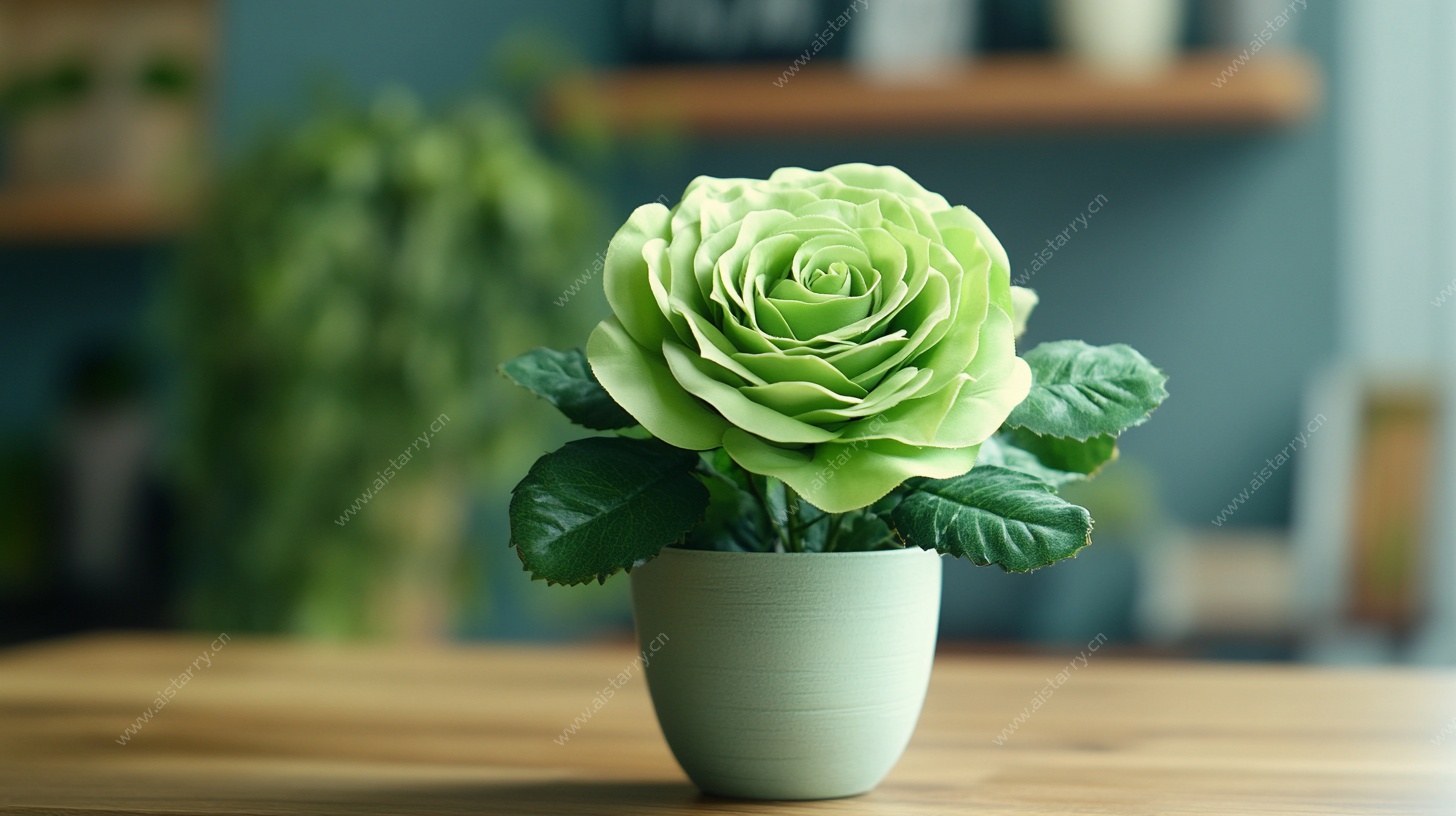 浅绿色玫瑰盆栽静物图