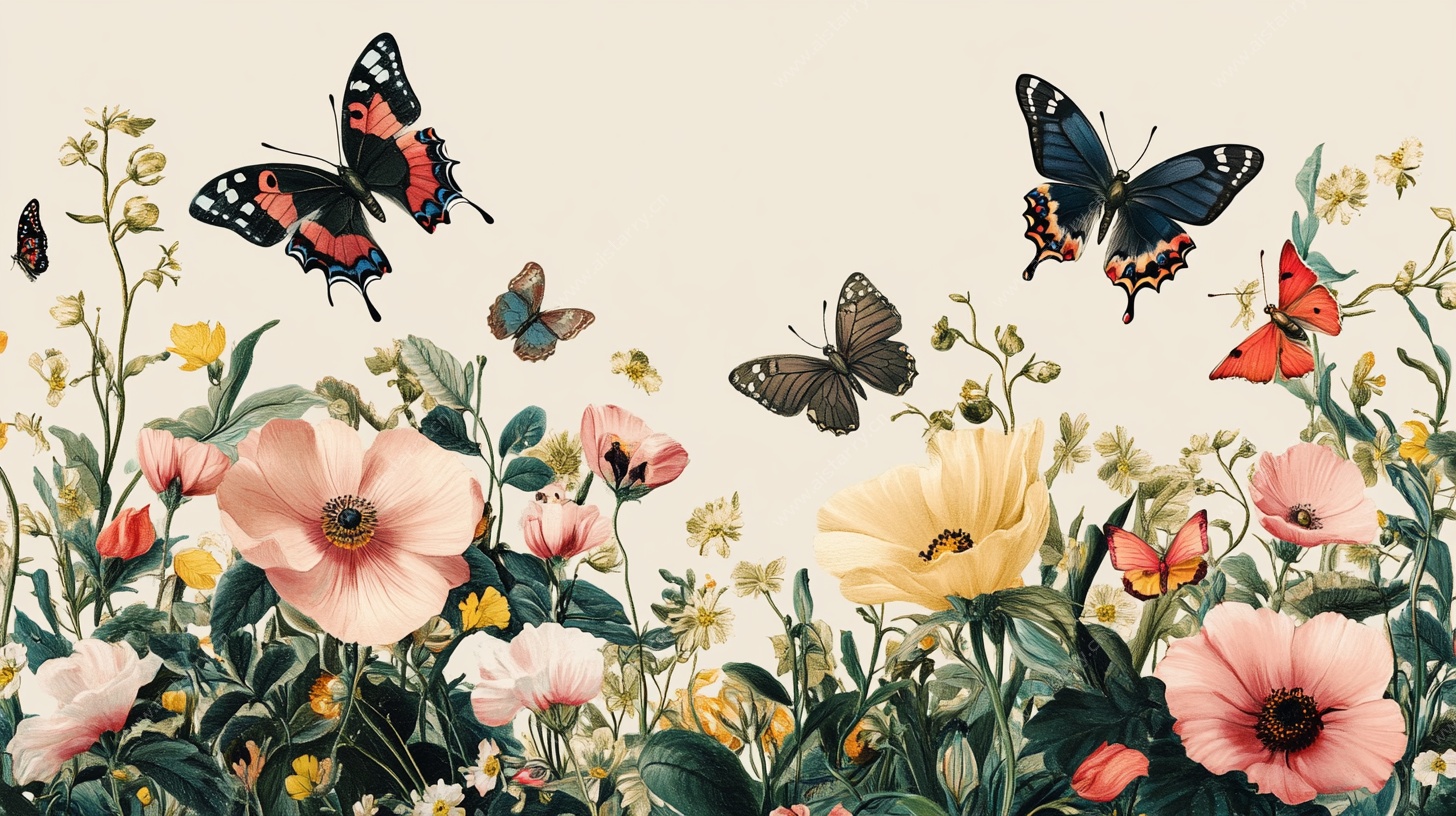 春日花卉间的蝴蝶飞舞