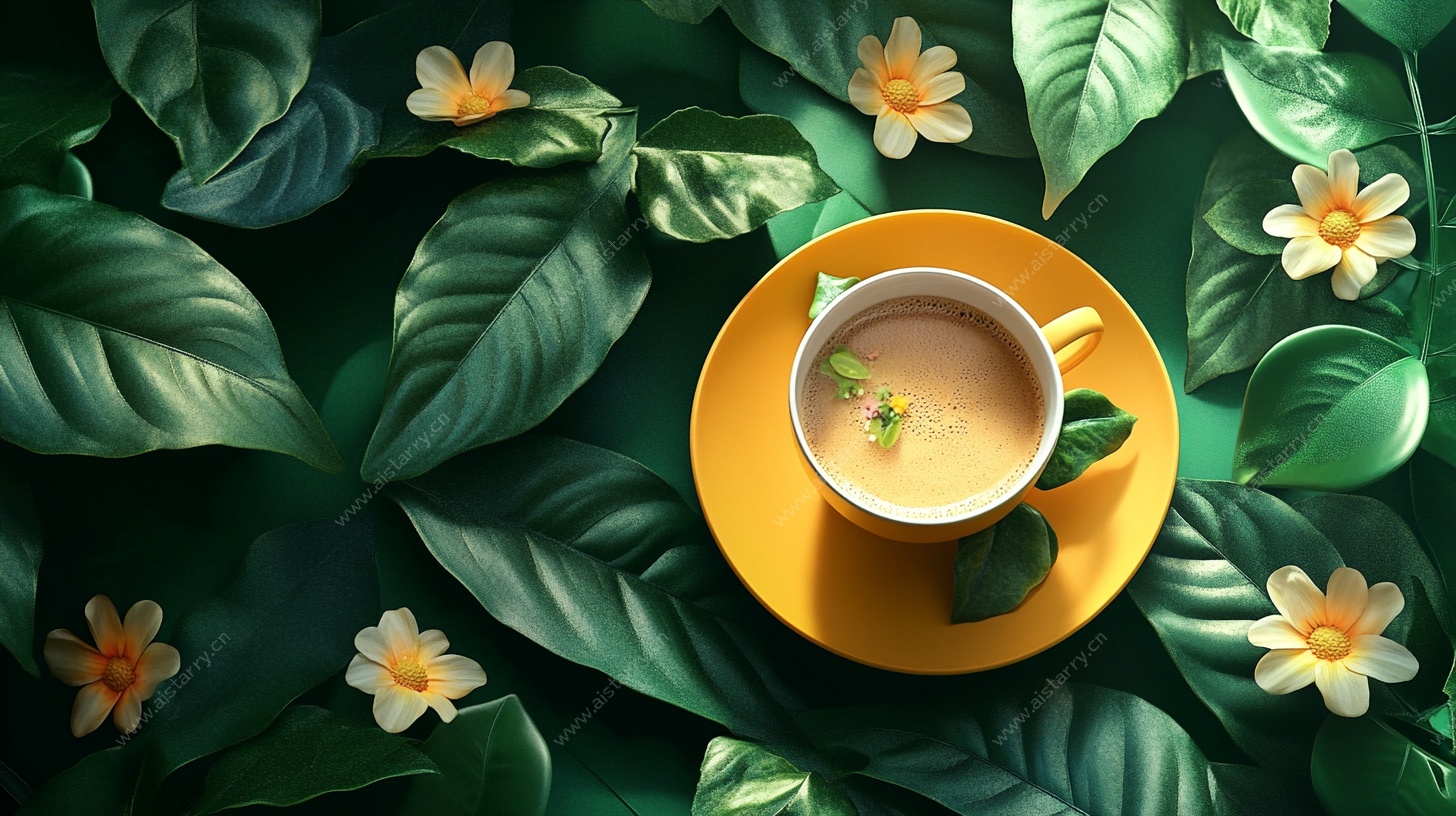 绿叶环绕中的温馨咖啡杯