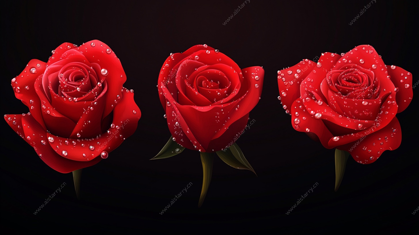 三朵带水珠的娇艳红玫瑰