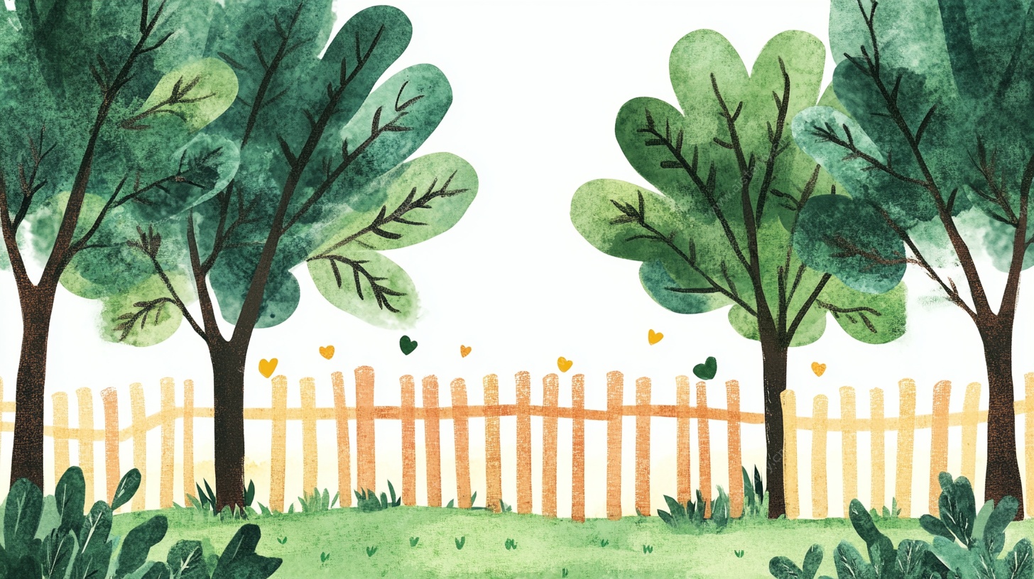 田园风绿树围栏水彩画