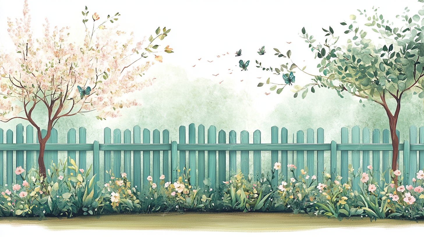 春日栅栏旁的花卉树木景