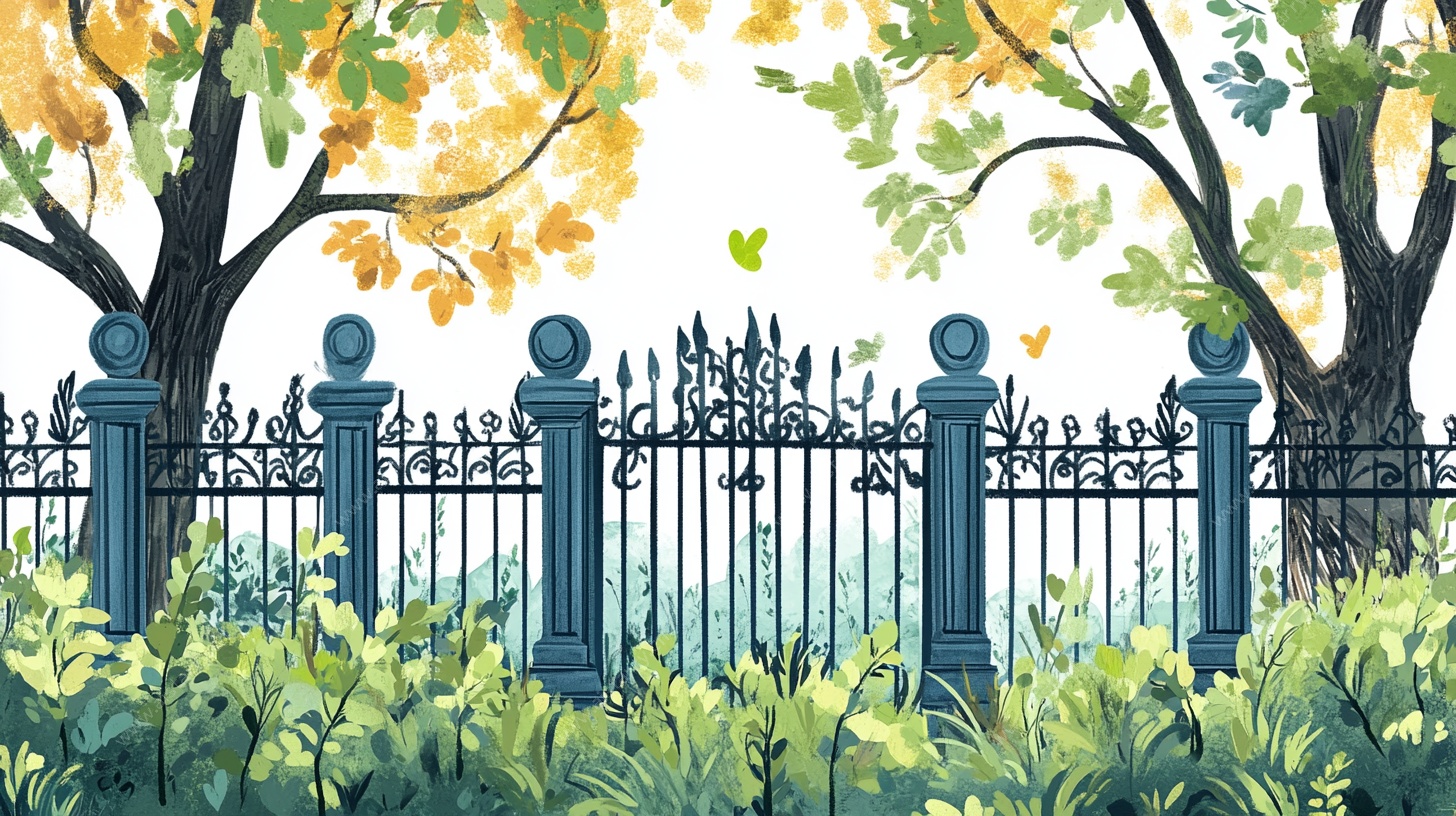 秋日铁艺围栏风景图