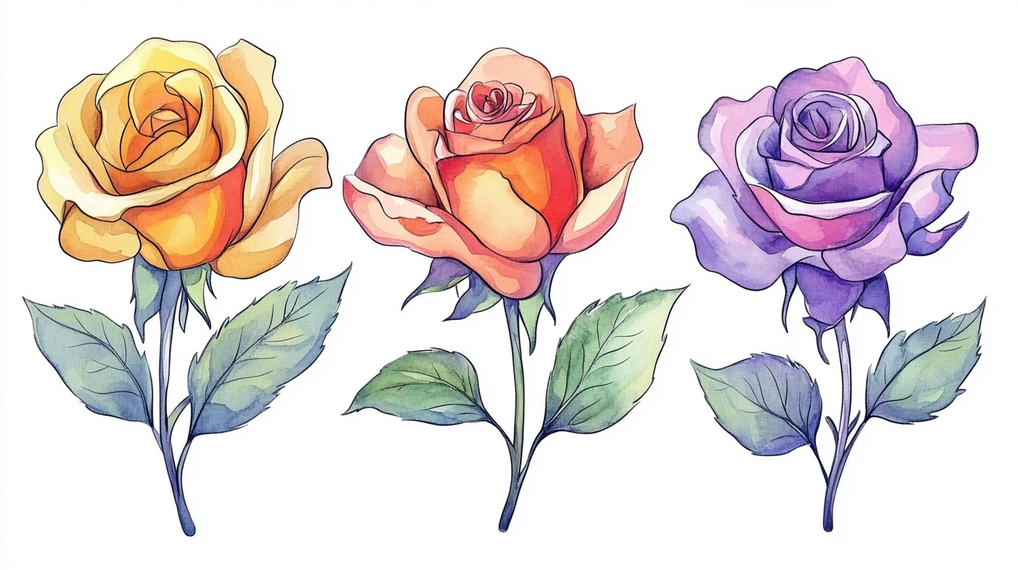 三朵水彩风格美丽玫瑰花