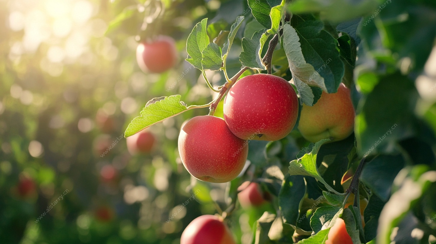 阳光下的红苹果果园