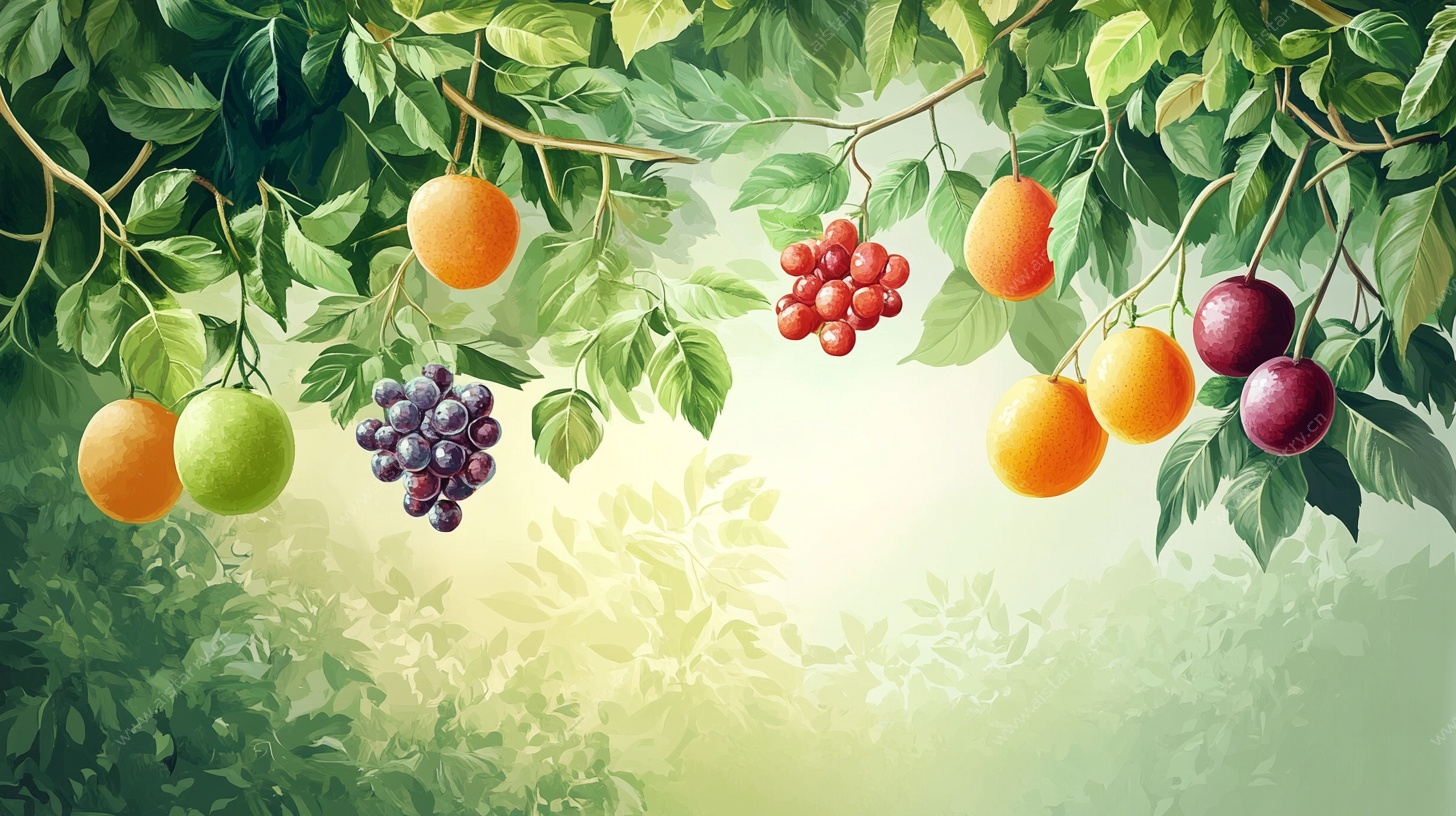 枝头硕果累累的多彩水果