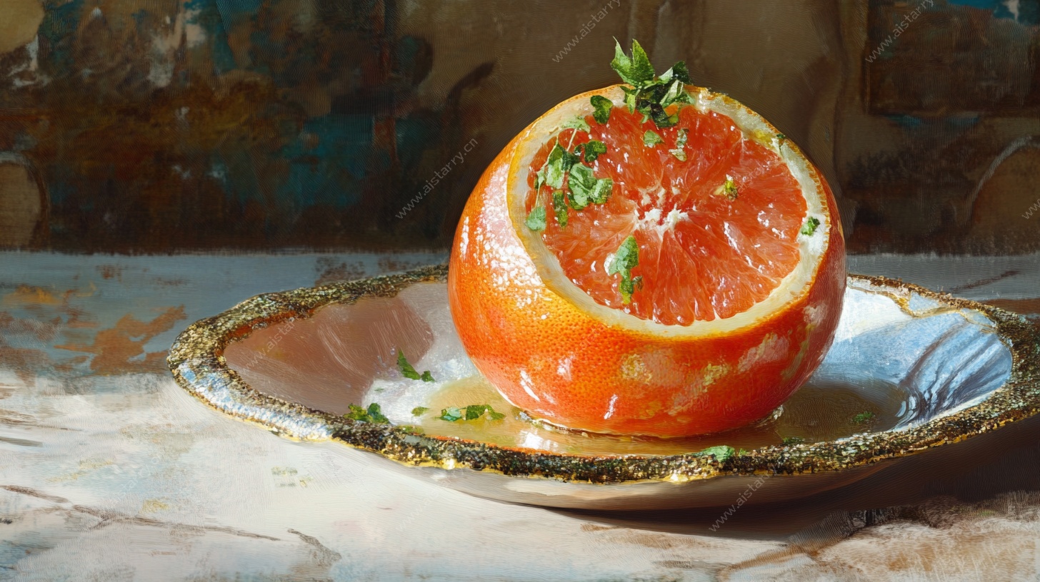 切开的西柚配精致盘子