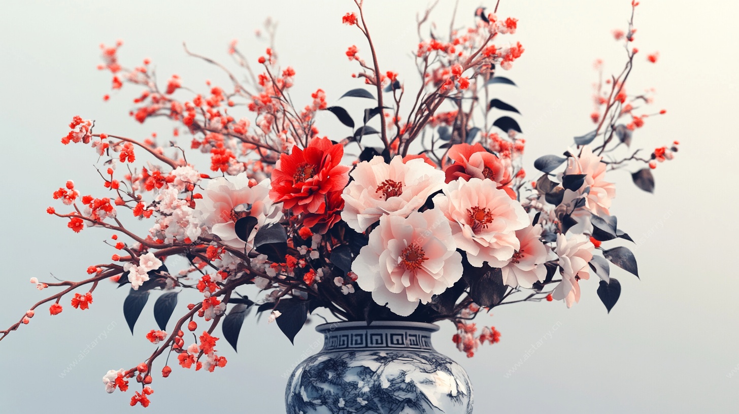 中式花瓶插满多彩花卉