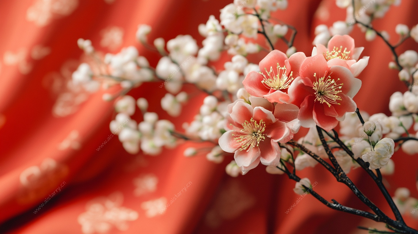 红梅绽放于红绸背景前