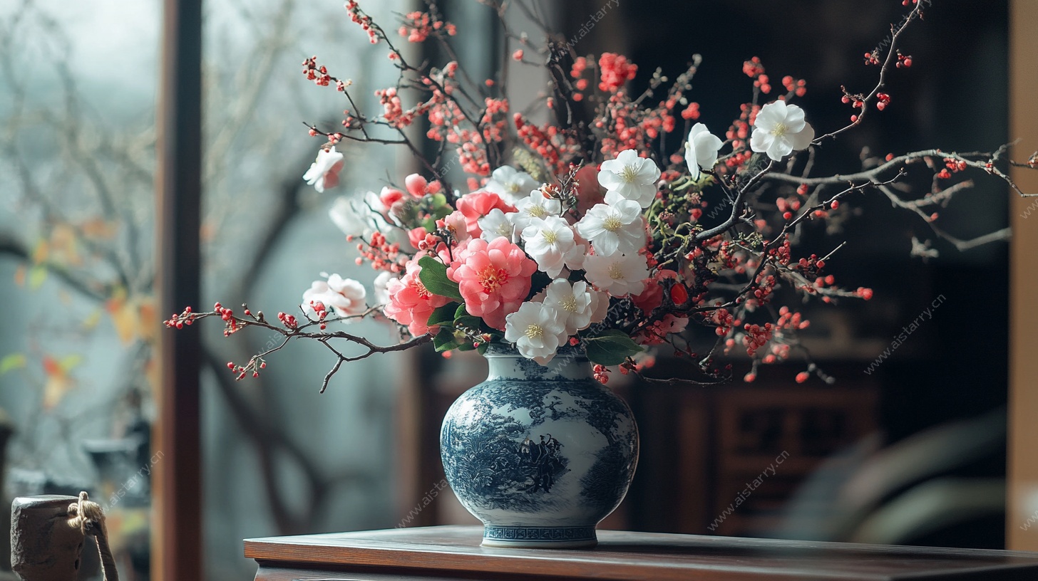 青花瓷瓶插繁花