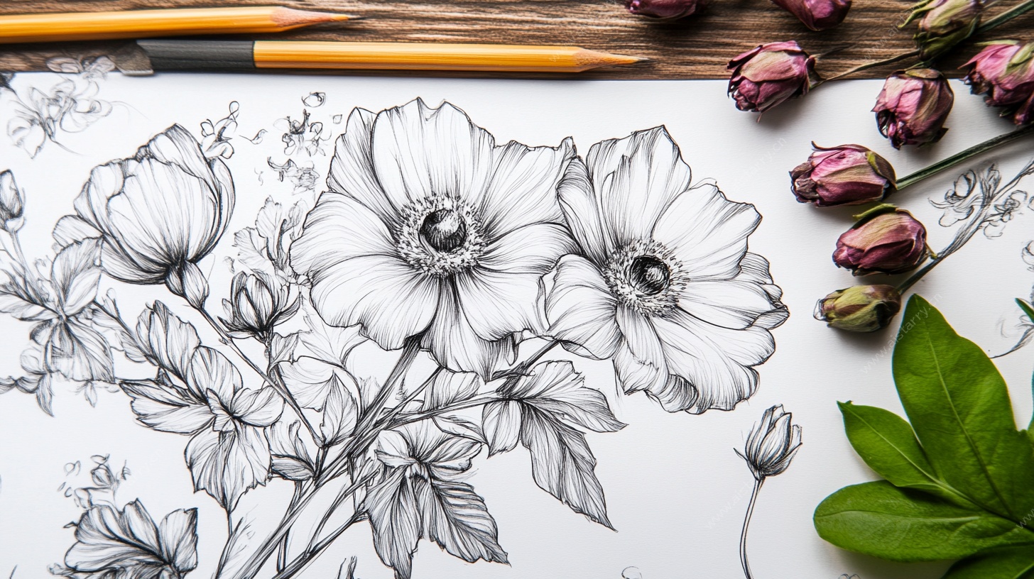 花卉黑白线稿绘画创作