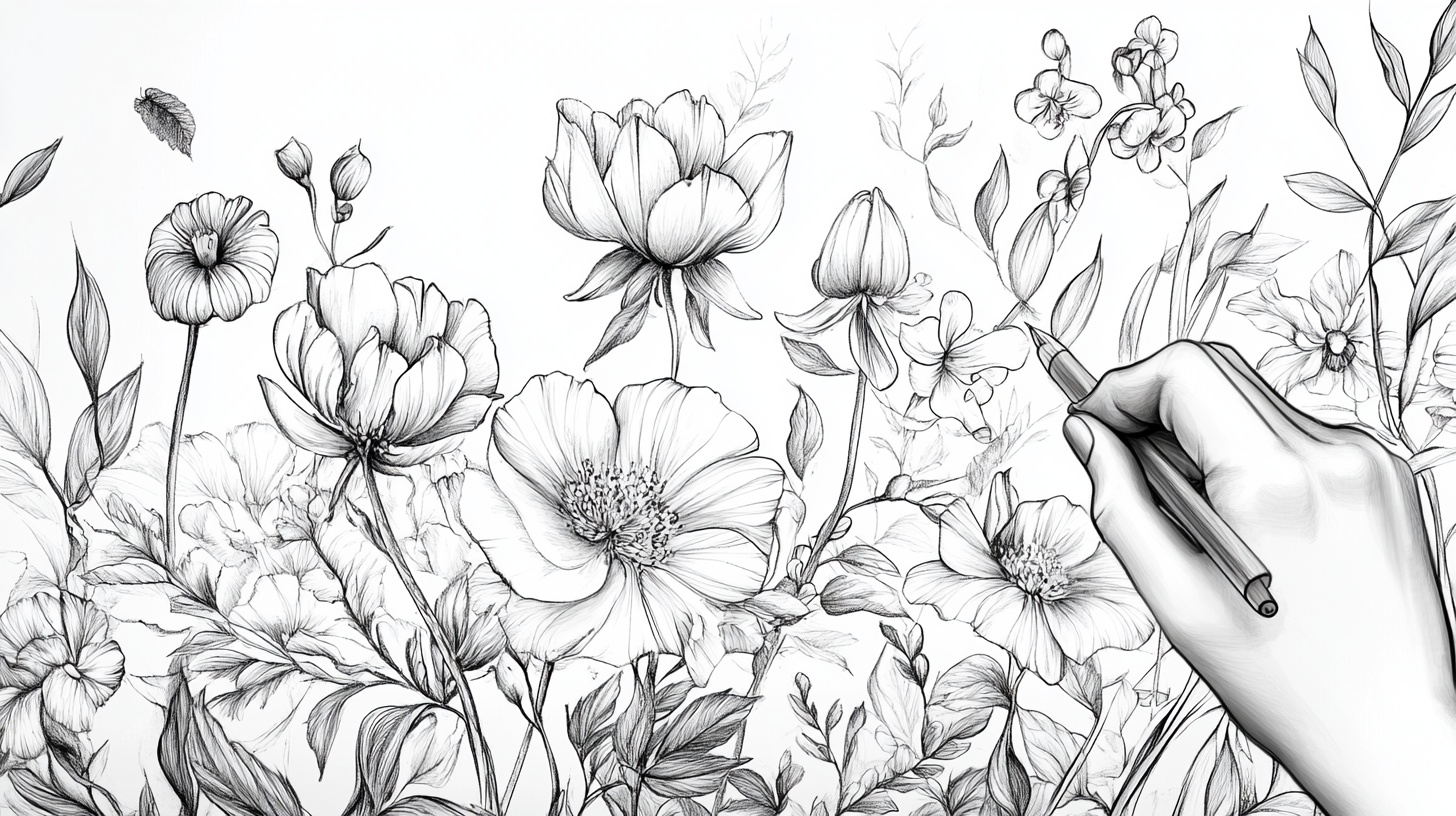 手绘花卉线条艺术插画