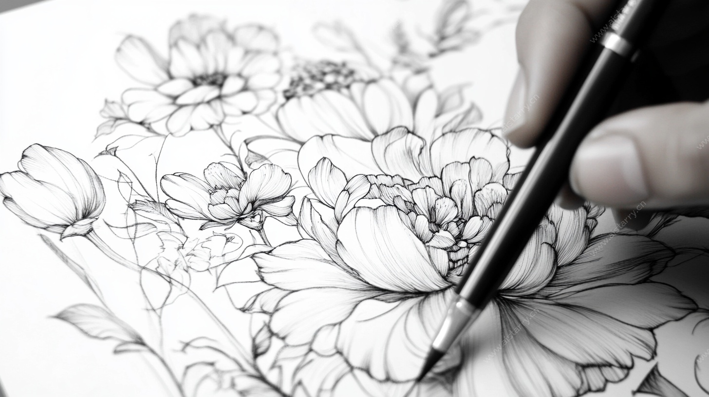 手绘花卉线稿创作瞬间