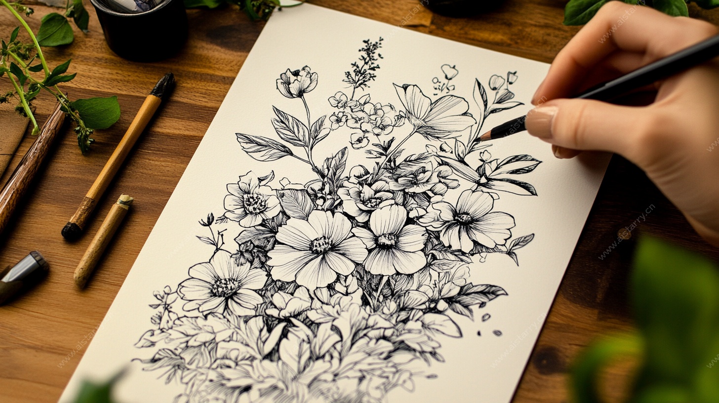 手绘花卉线稿创作瞬间
