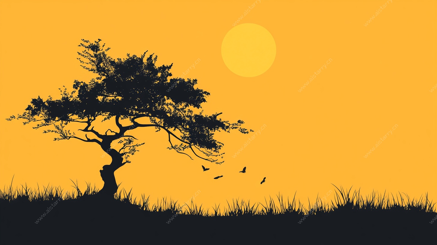 夕阳下的孤树飞鸟剪影