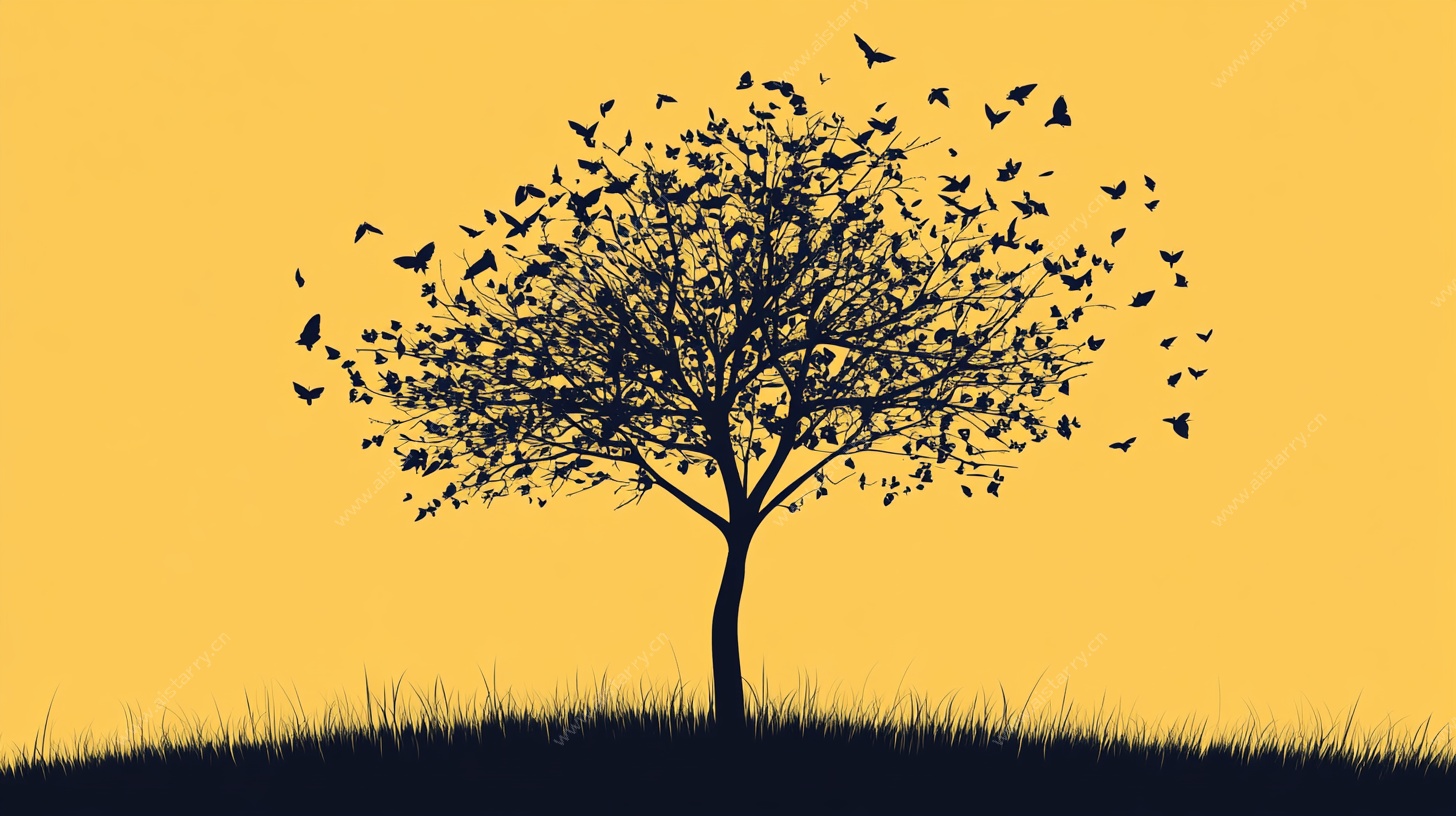 黄昏下飞鸟环绕的孤树