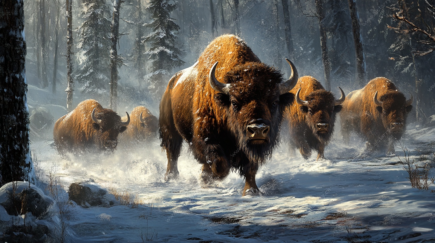 雪地中奔腾的野牛群