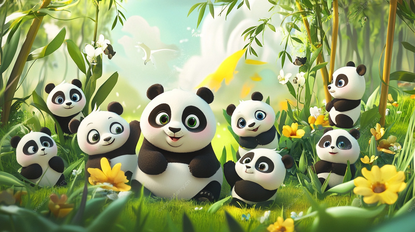 竹林中的可爱熊猫家族