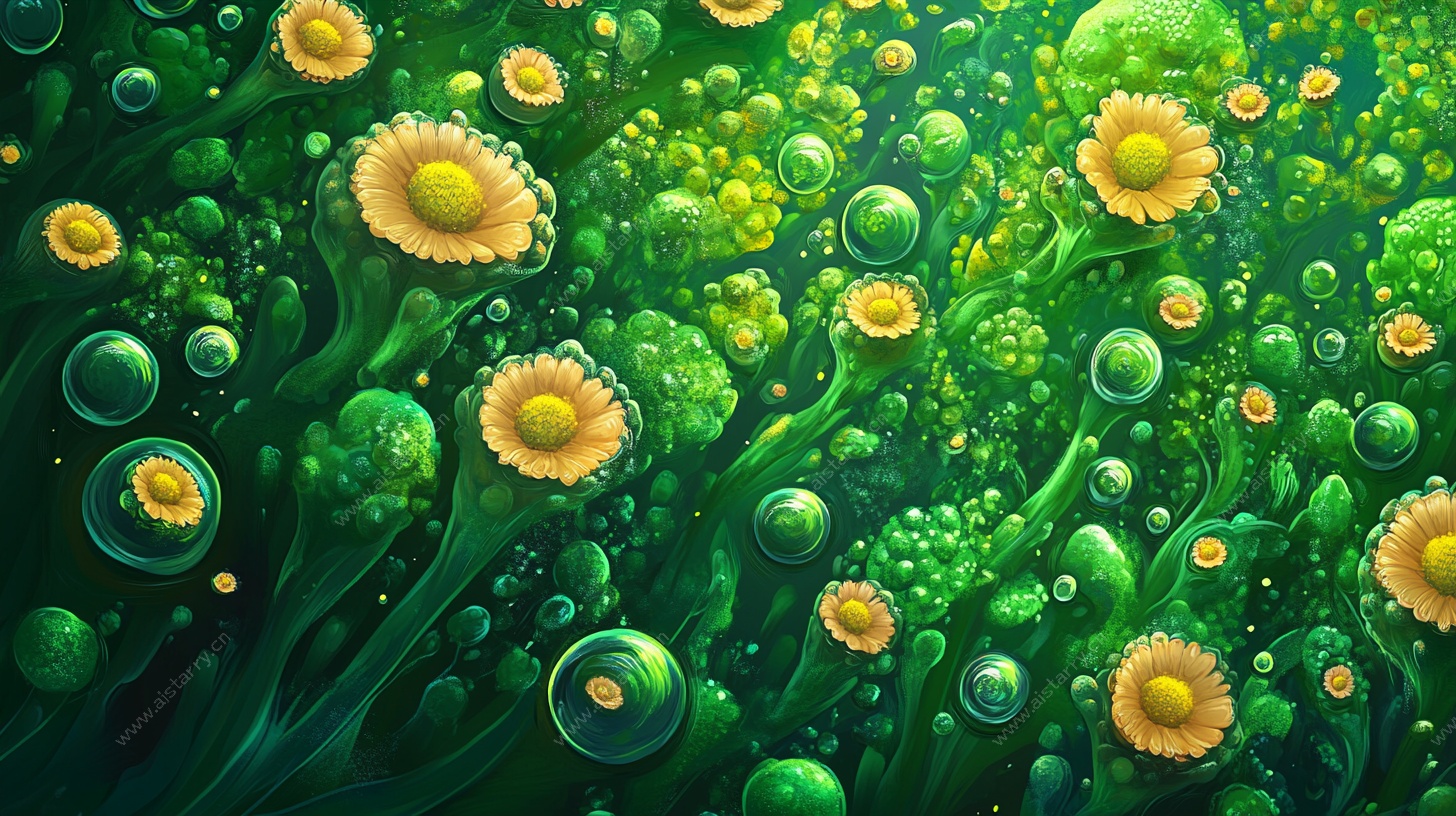 梦幻绿境中的花朵泡泡