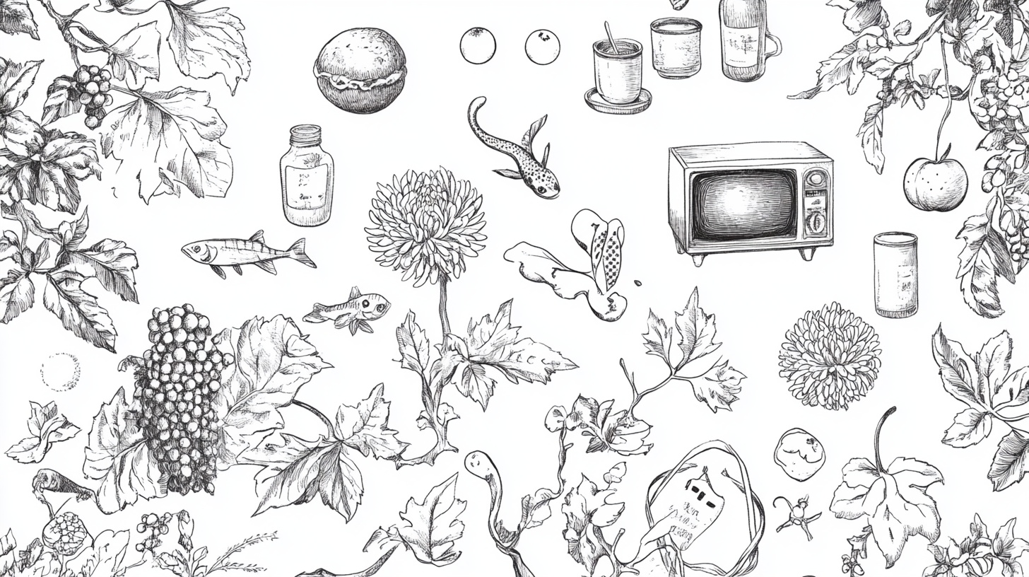 手绘动植物与生活用品图案