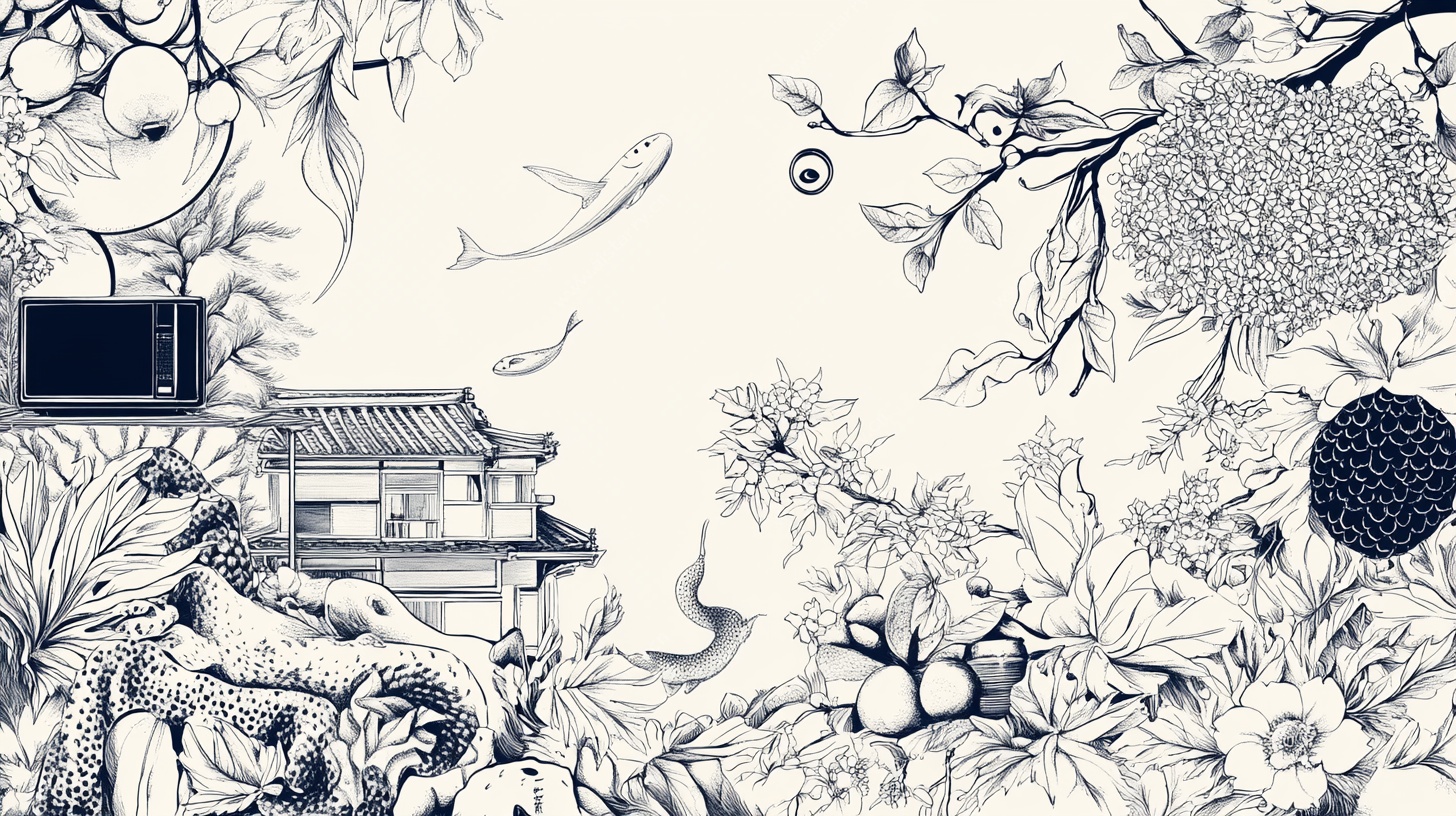 中式花鸟庭院黑白插画