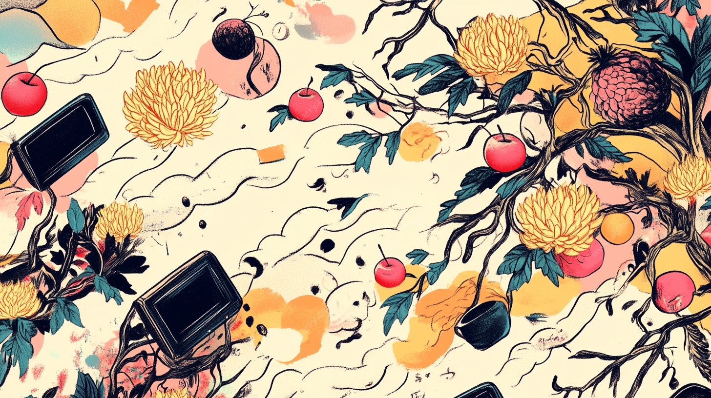 花卉水果与电子设备插画