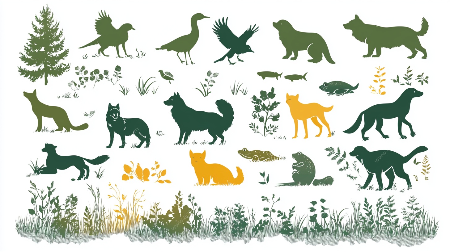 森林中的动物剪影插画