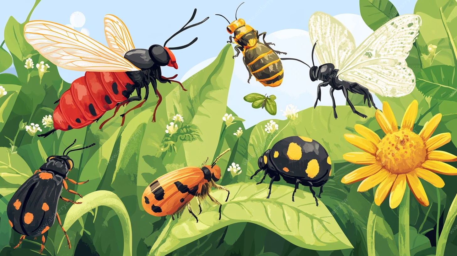 多彩昆虫在绿叶花丛间