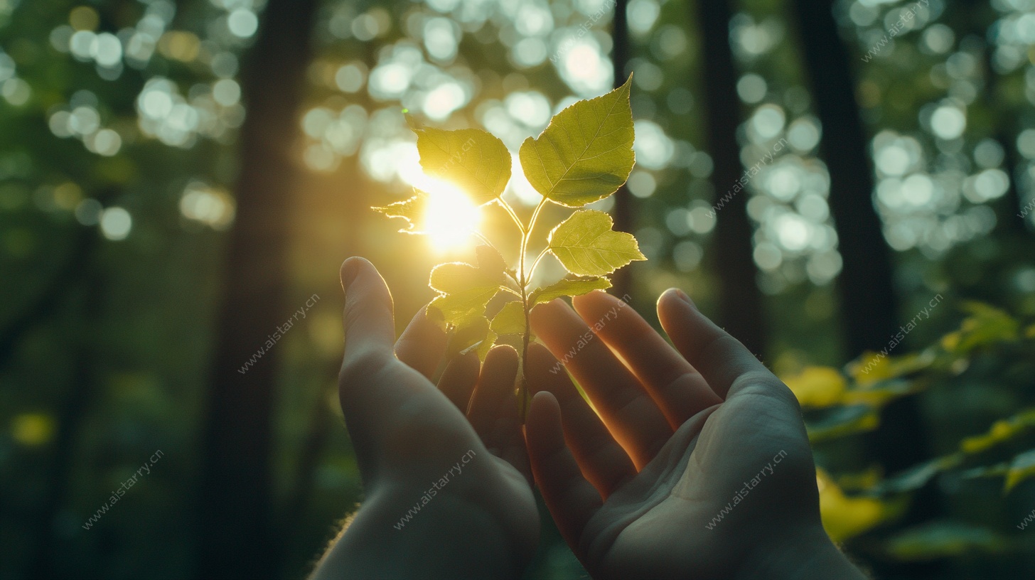 双手呵护阳光下的新绿