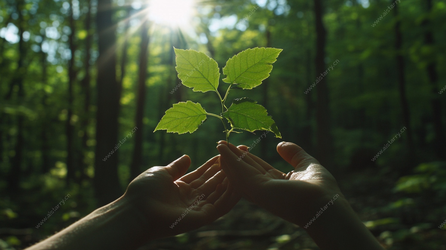 双手呵护林间嫩绿幼苗