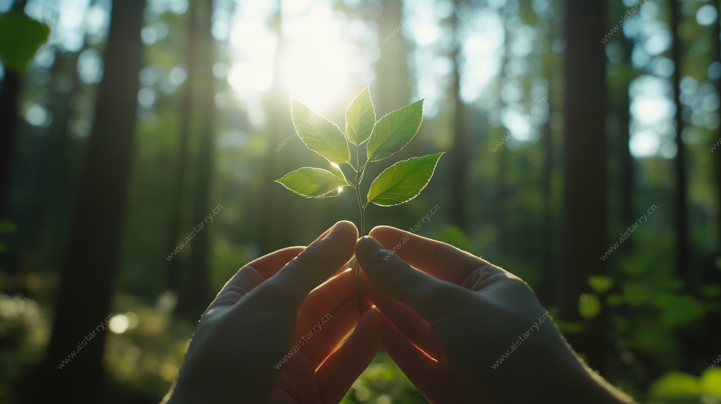 双手呵护林间新生绿叶