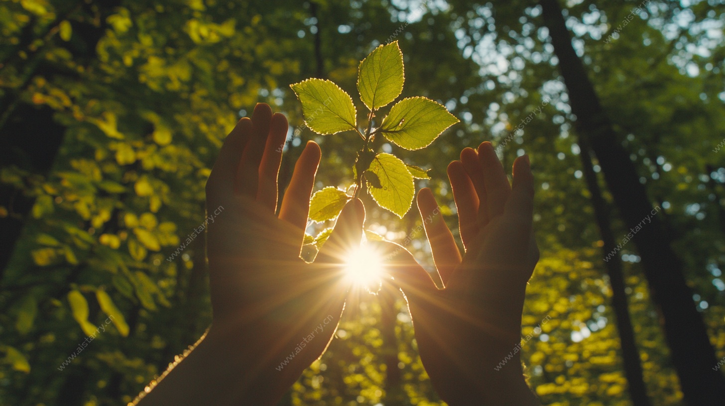 双手呵护林间新生绿叶