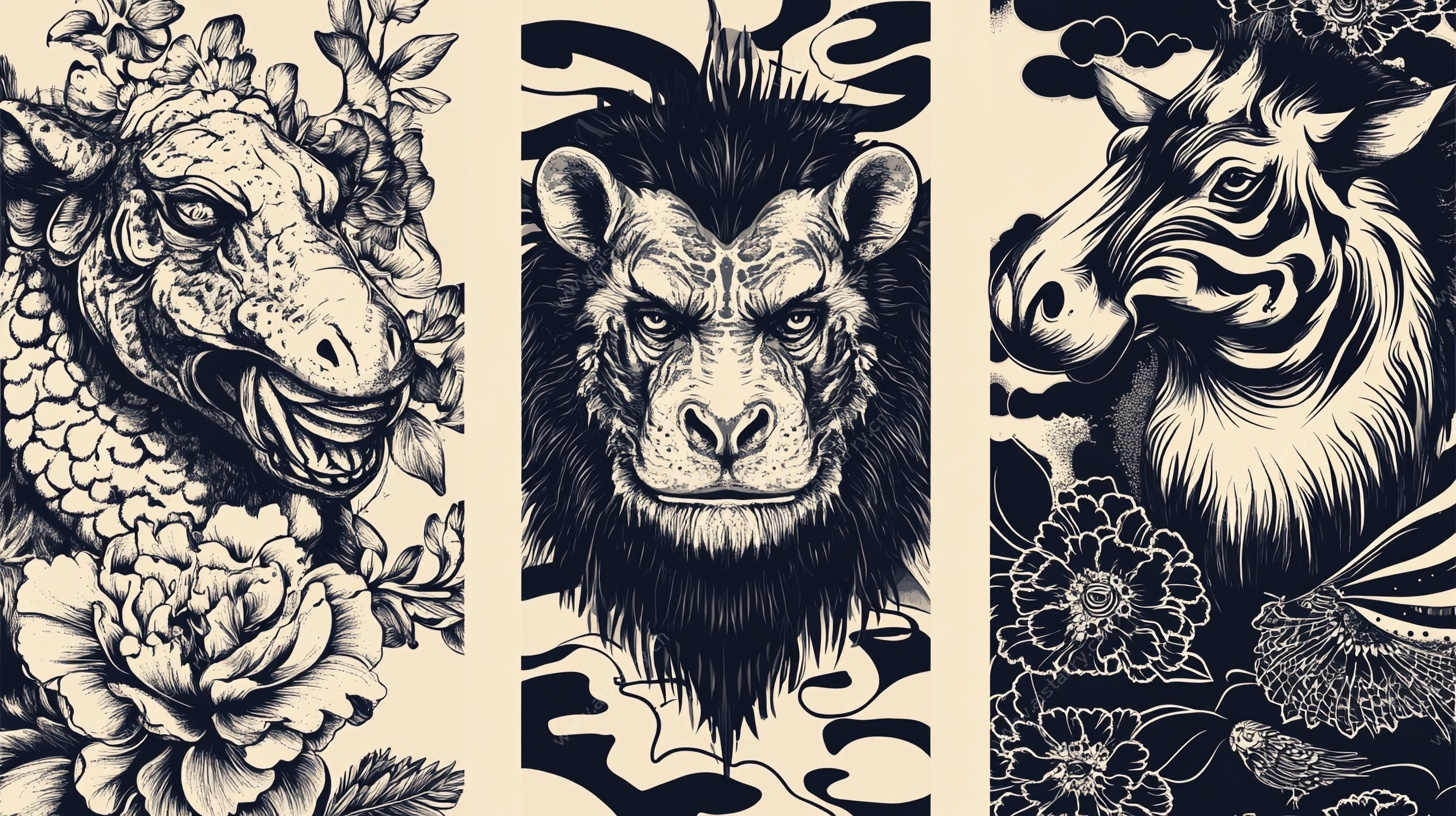 动物图腾风格黑白插画