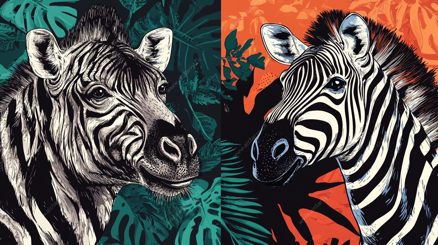 斑马插画 热带风情双生图