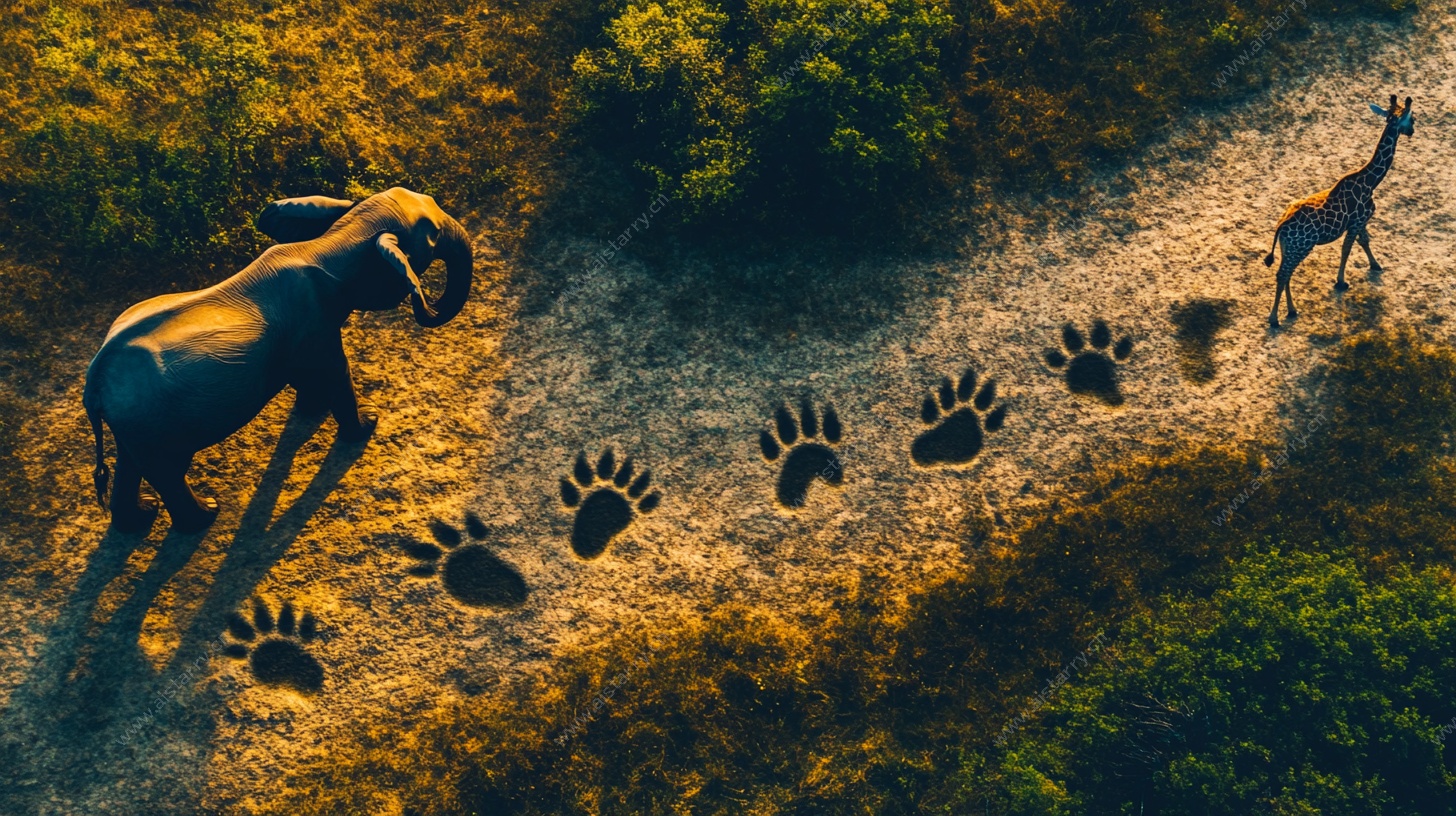 空中俯瞰大象与长颈鹿足迹