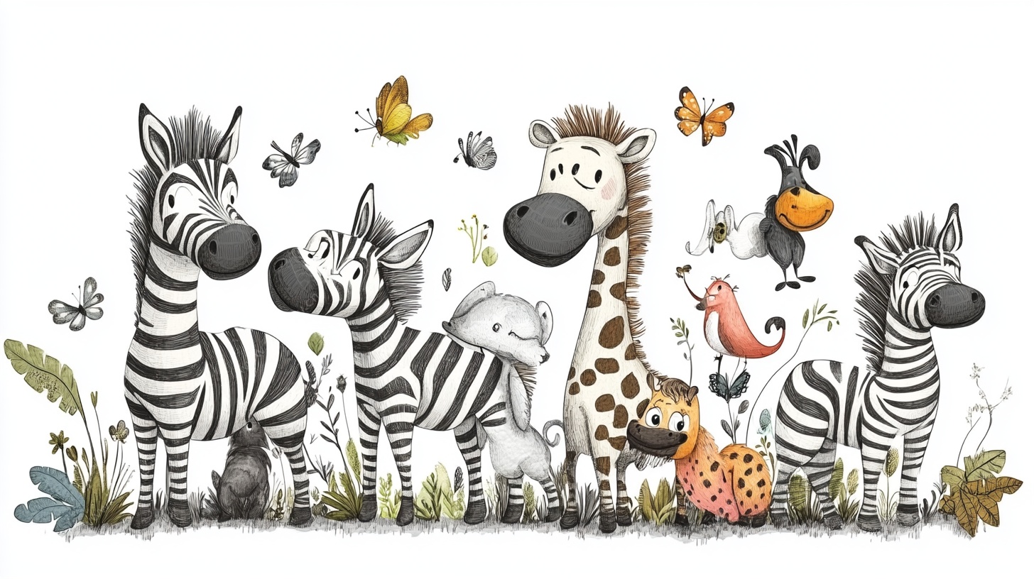 斑马等动物的趣味插画场景