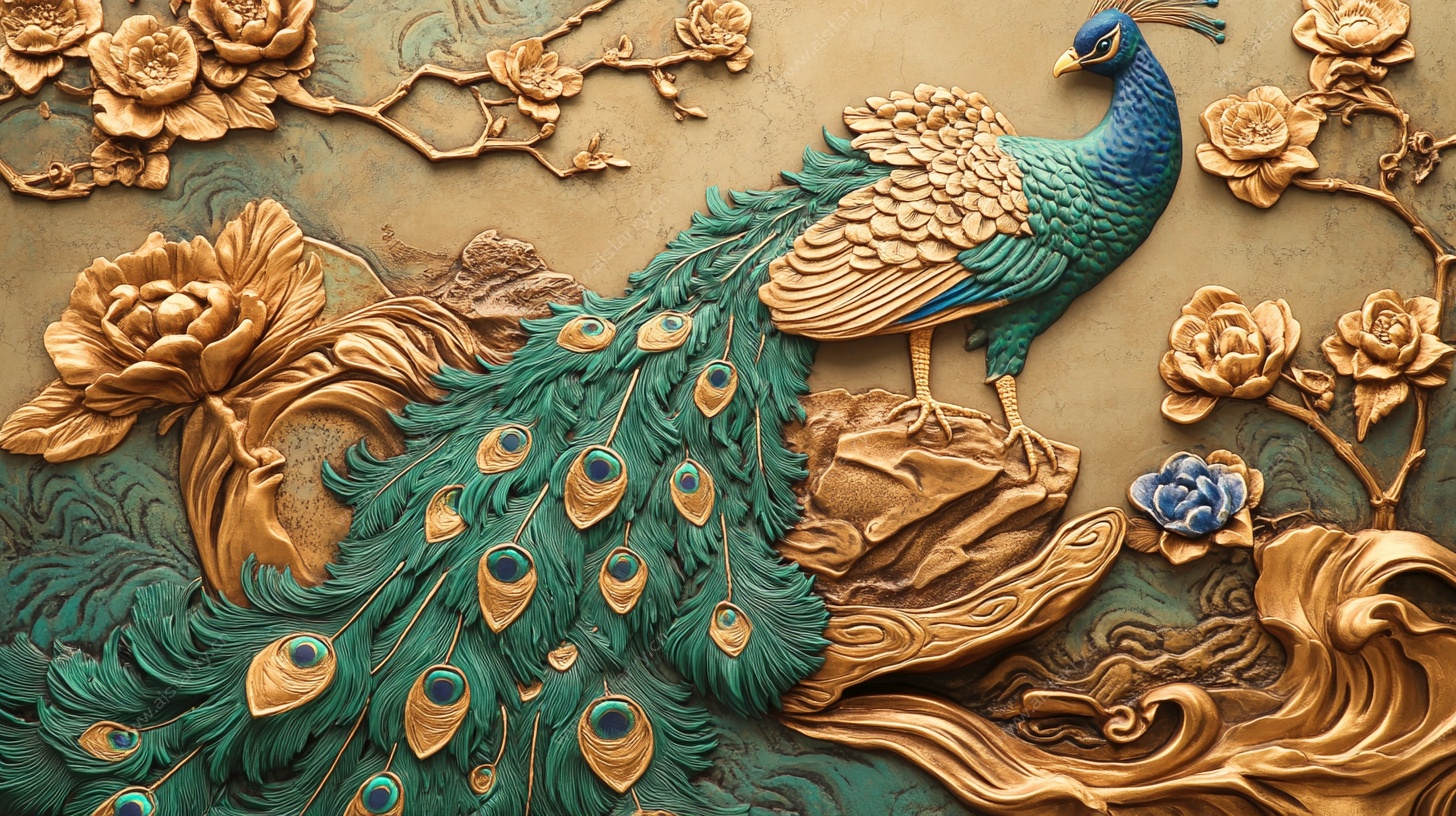 孔雀花卉浮雕艺术作品