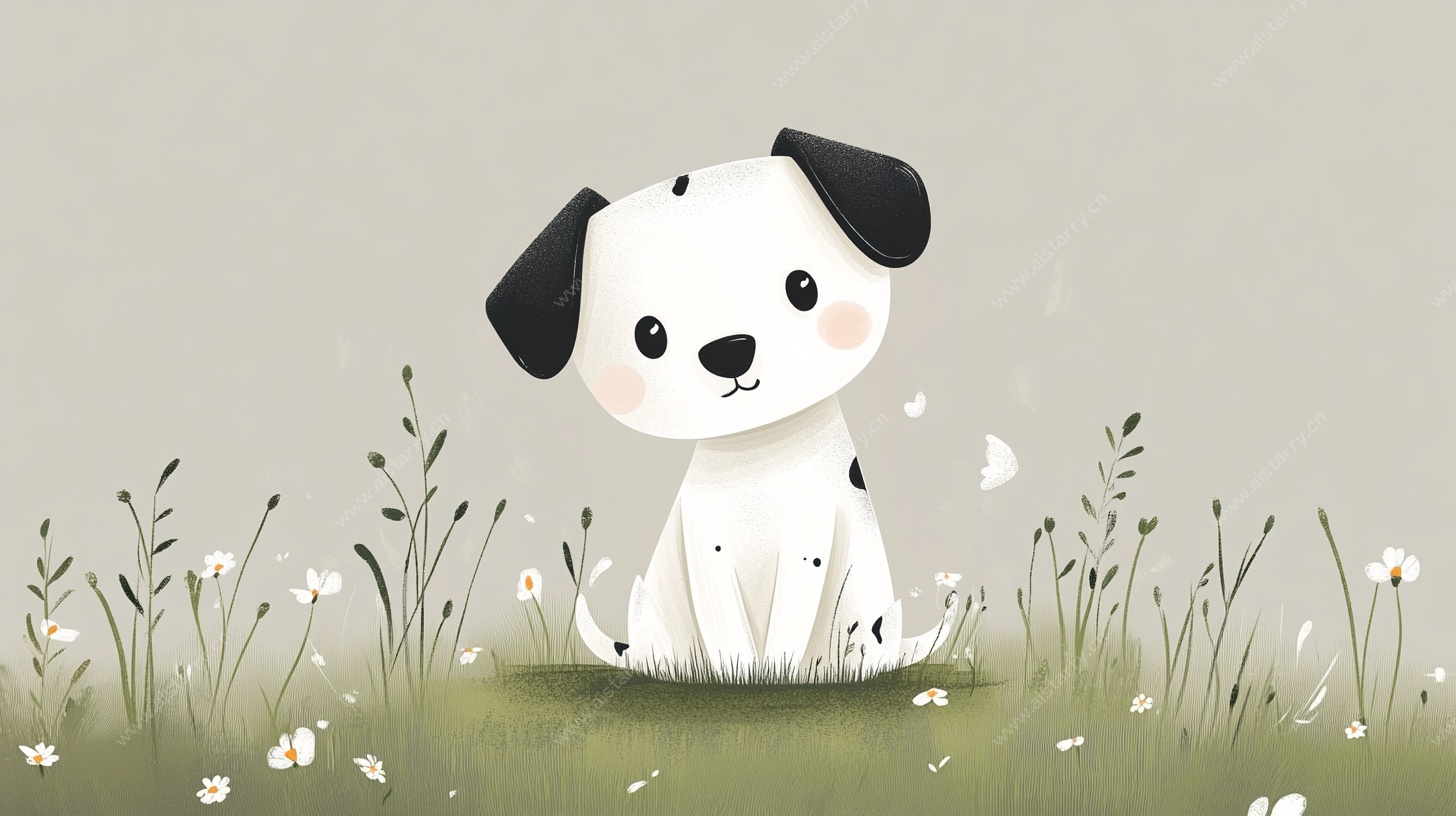 可爱小狗坐于花草间