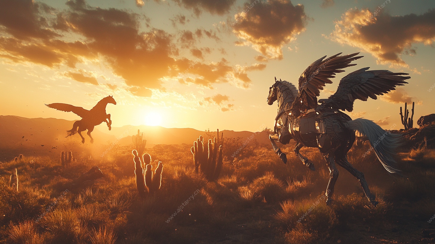 落日下的奇幻飞翼骏马