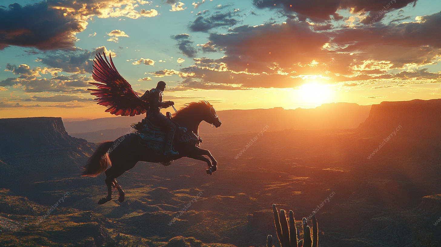 骑翼马者于日落壮美飞跃
