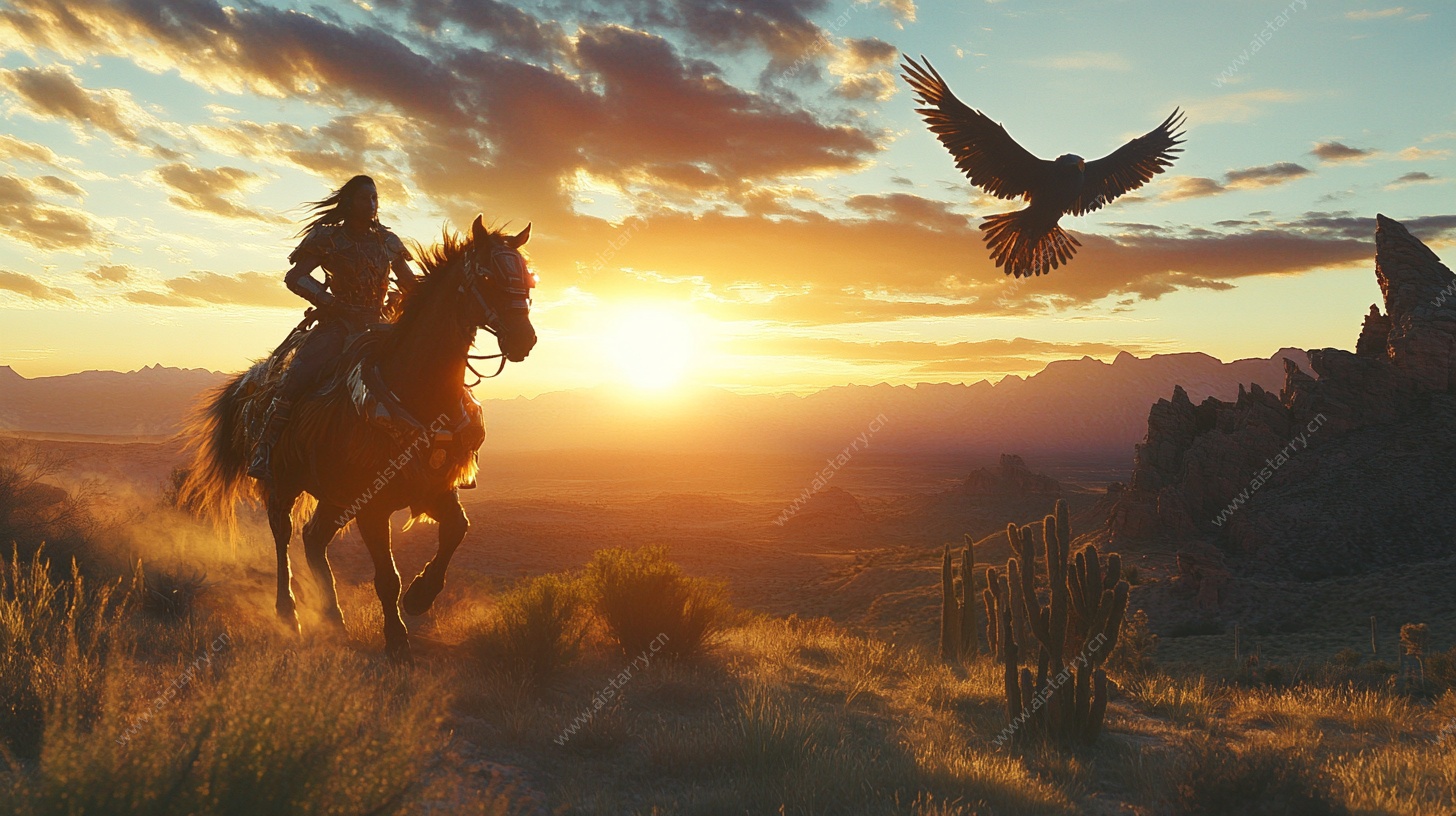 夕阳下的骑手与翱翔雄鹰
