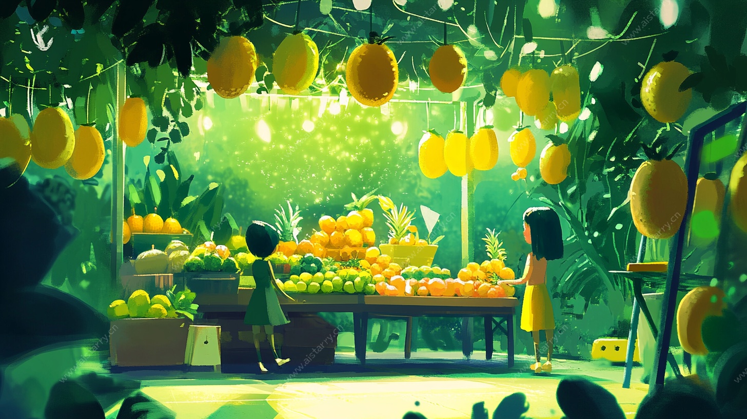 奇幻水果摊前的温馨场景