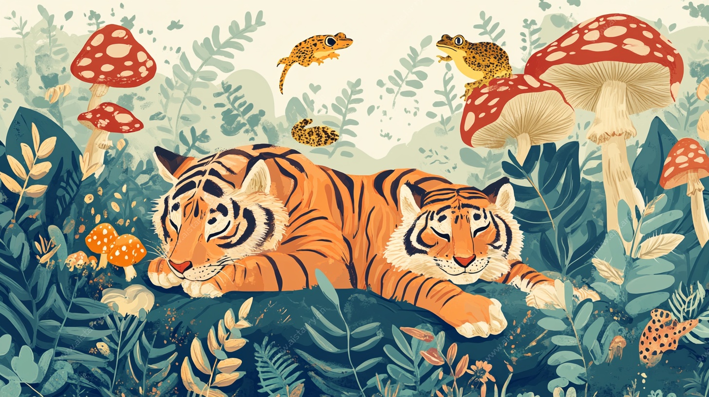 森林中的老虎与自然精灵