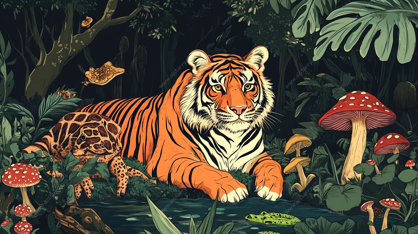 森林中的老虎奇幻插画