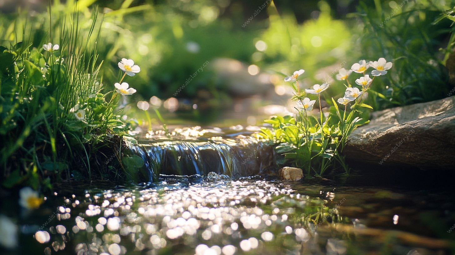 溪边野花流水的自然景致
