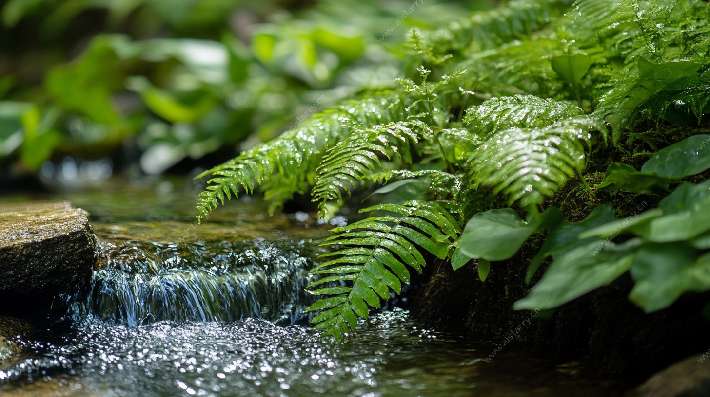 溪边蕨草与潺潺流水